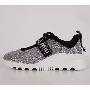 NEW MIU MIU Silver GLITTER Sporty SNEAKERS